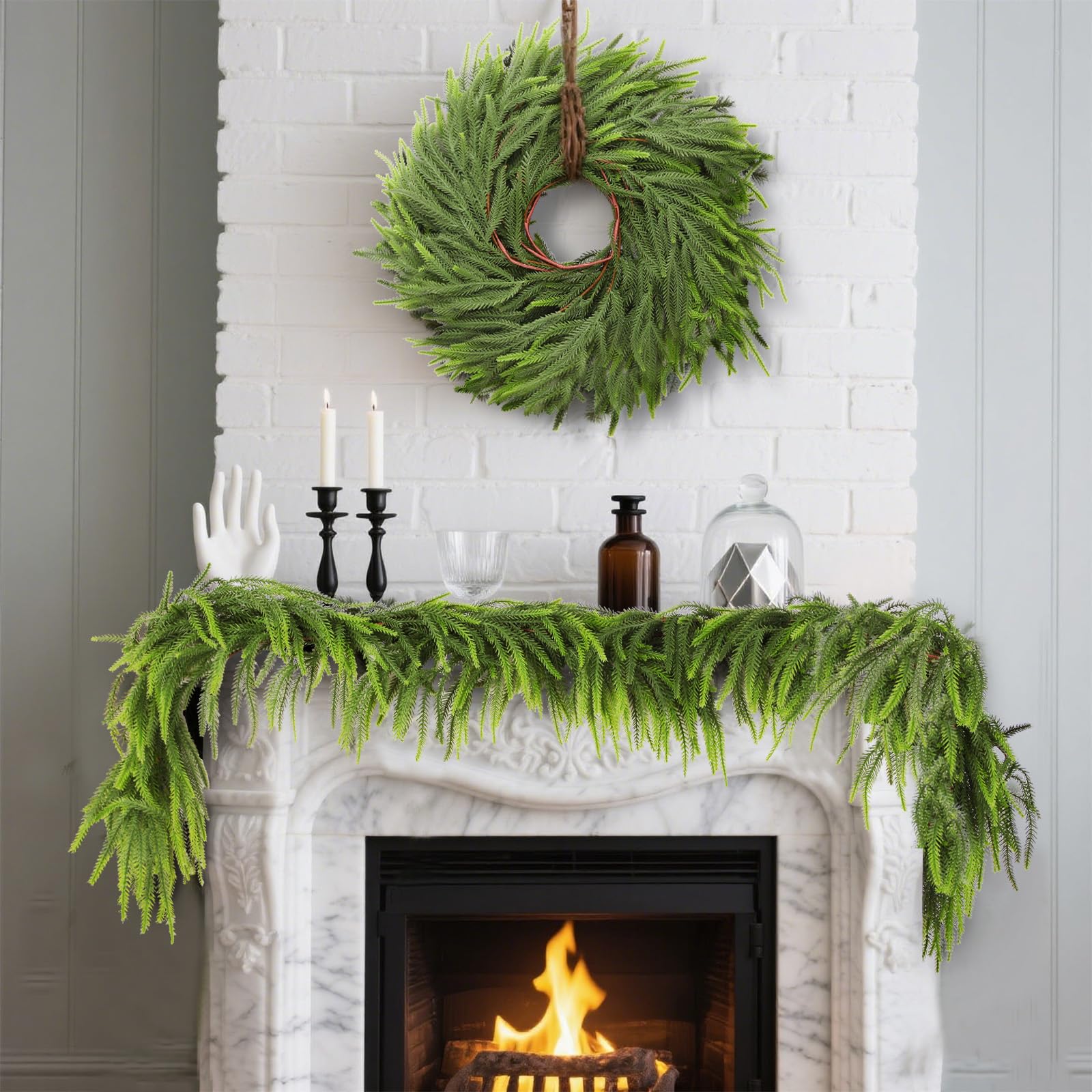 Photo 1 of 6ft 2Pcs Norfolk Pine Garland - Realistic Christmas Greenery Garland with Real Touch PE Leaves for Mantle, Table, Fireplace, Indoor, Outdoor Christmas Decorations