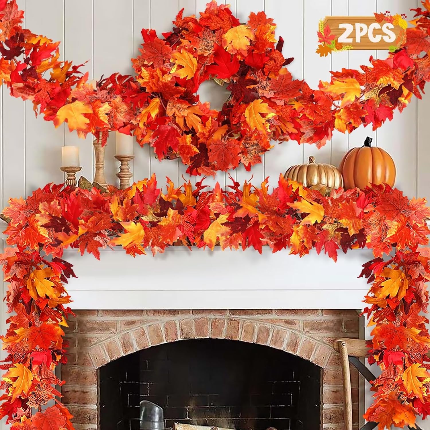 Wreaths, Garlands & Swags - Palmatte 2 Pack Thanksgiving Fall Decorations for Home Porch, Indoor Outdoor Fall Decor Autumn Harvest Garland Leaves 5.8ft Fake Vines Room Decor Fall Wedding Party Decorations Halloween Décor (Red)
