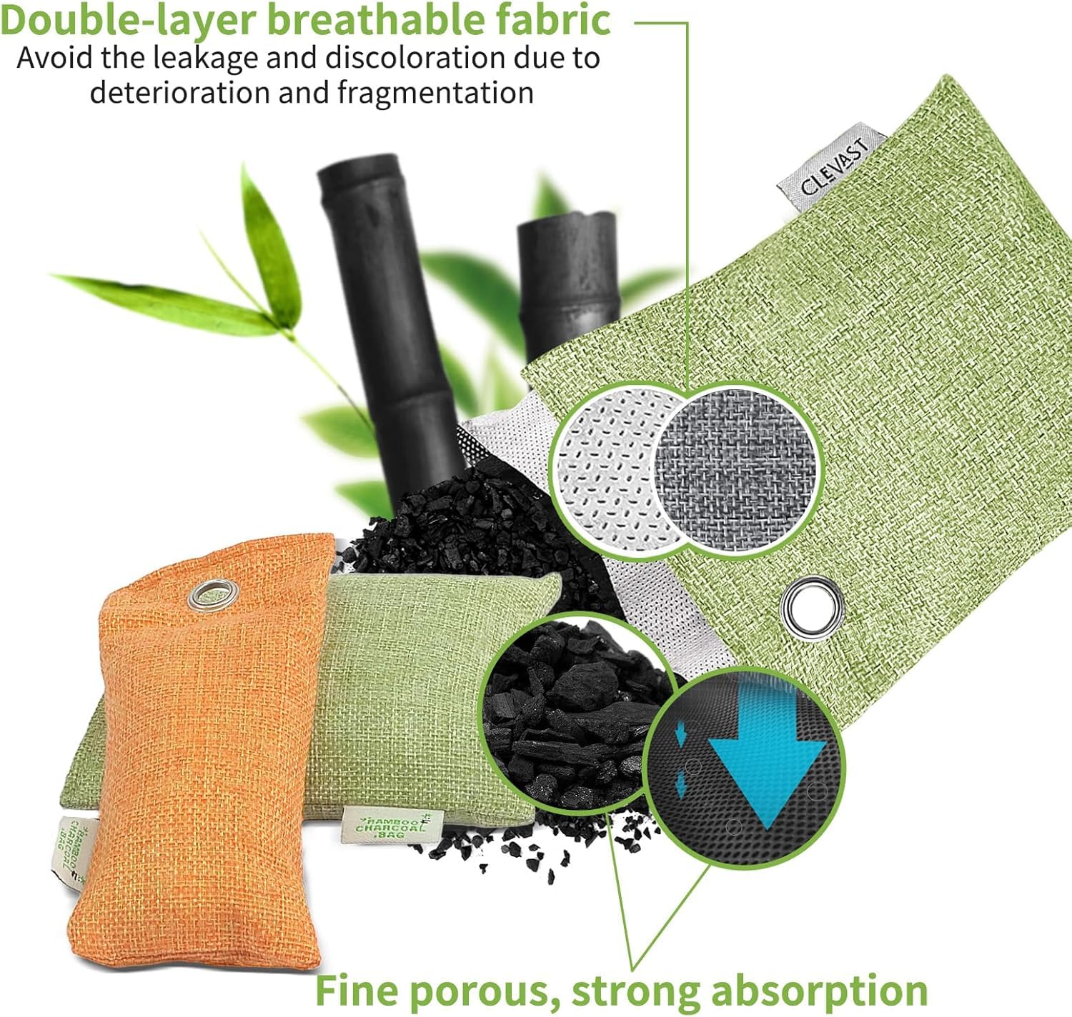 CLEVAST 16 Pack Activated Bamboo Charcoal Air Purifying Bags(8x100g, 8x50g), Natural Fresh Odor Absorber, Deodorizer and Moisture Eliminator, Air Purifier Bags for Home, Closet, Car Air freshener