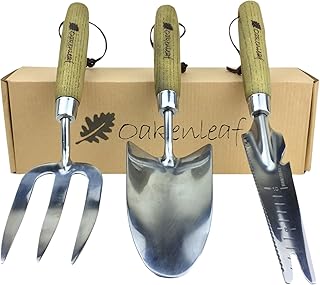 Oakenleaf 3-teiliges Gartengeräte-Set extra groß aus Edelstahl mit Holzgriff, Kelle, Gabel und Multitool