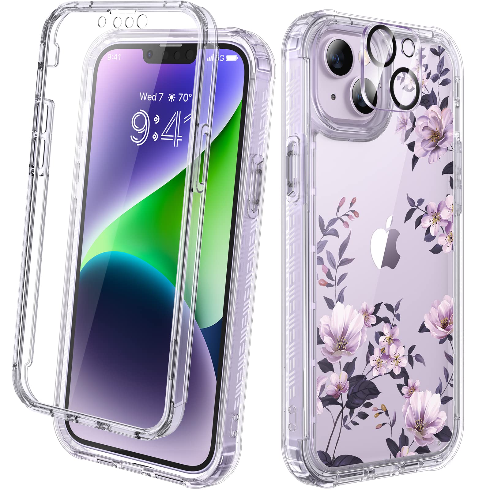 Diaclara Designed for iPhone 14 Case, Full Body Rugged Case with Built-in Touch Sensitive Anti-Scratch Screen Protector, with Camera Lens Protector for iPhone 14 6.1" (Clear Camellia) — image 1