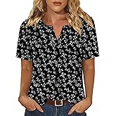 Magritta Womens Summer Casual V Neck Tunic Tops Short Sleeve Henley Shirts Pleated Buttons Loose Fit Blouse