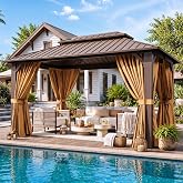 Breezestival 10x12FT Hardtop Gazebo Brown | Permanent Outdoor Pergola with Double Galvanized Steel Roof and Curtains and Netting for Backyard, Patio, Lawn and Garden