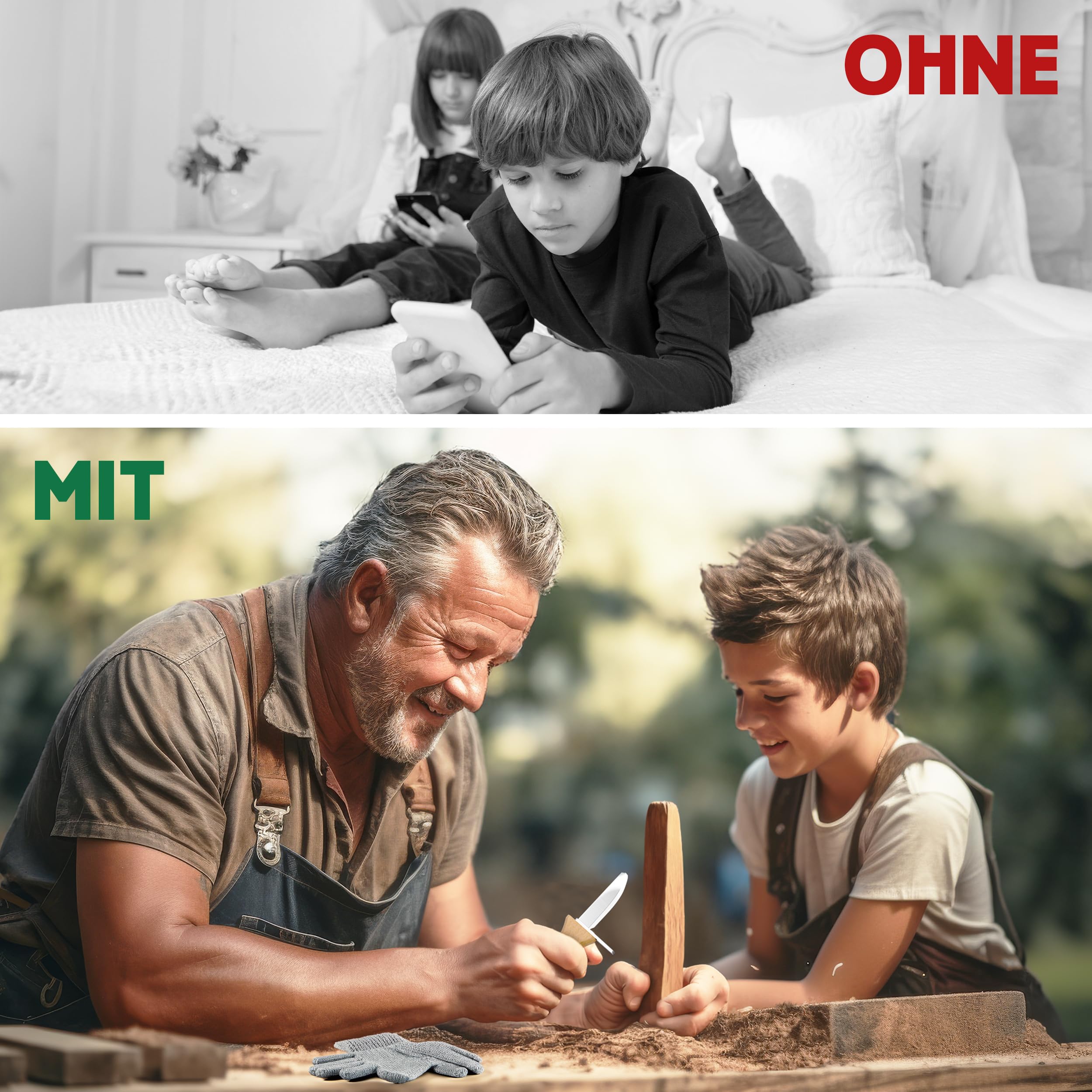 Eli® Schnitzmesser Kinder mit Filztasche ab 6 Jahre - hochwertiges Kindermesser Schnitzset inkl. schnittfeste Handschuhe - Kinderschnitzmesser - Schnitzwerkzeug - Outdoor Messer - grün 4