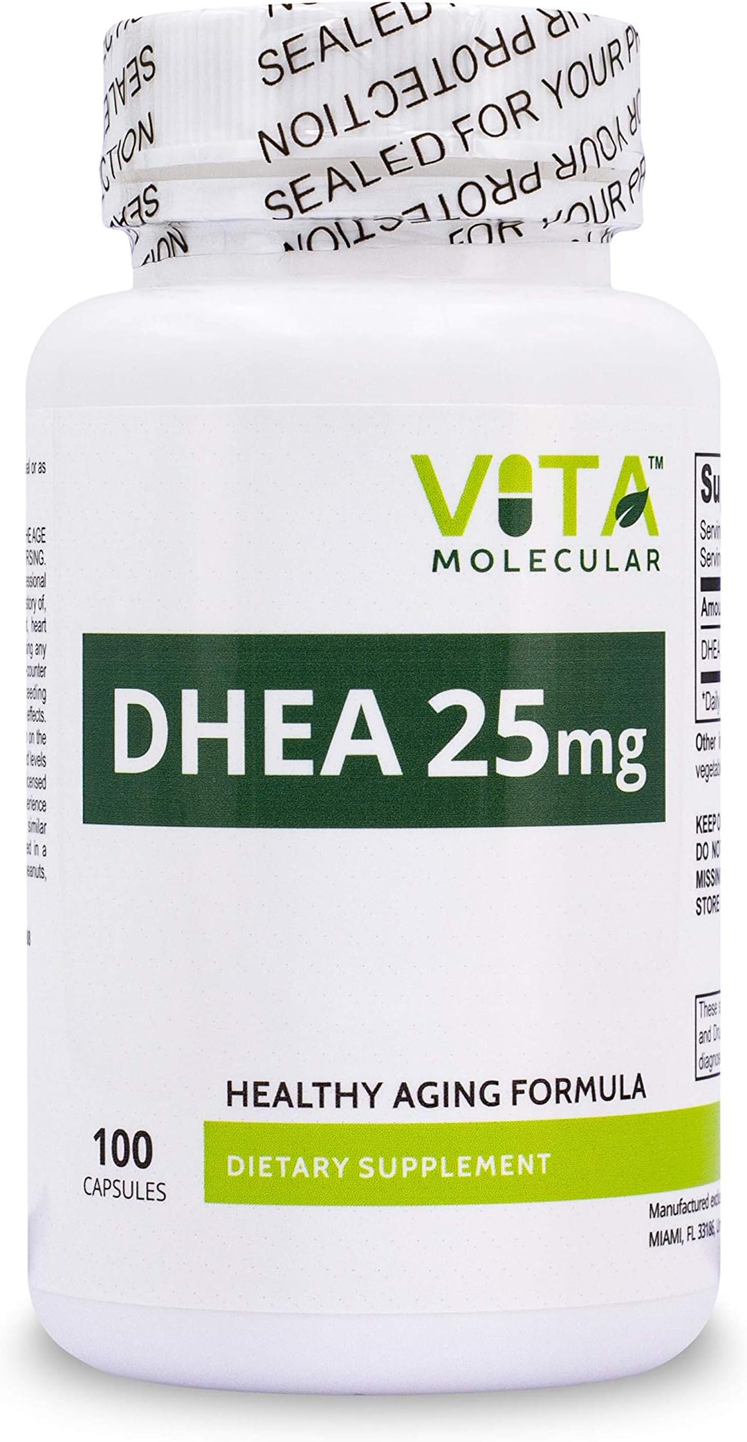 Maximum Strength VitaMolecular DHEA, Non GMO, Supports Energy Level - 100 Capsules (25mg)