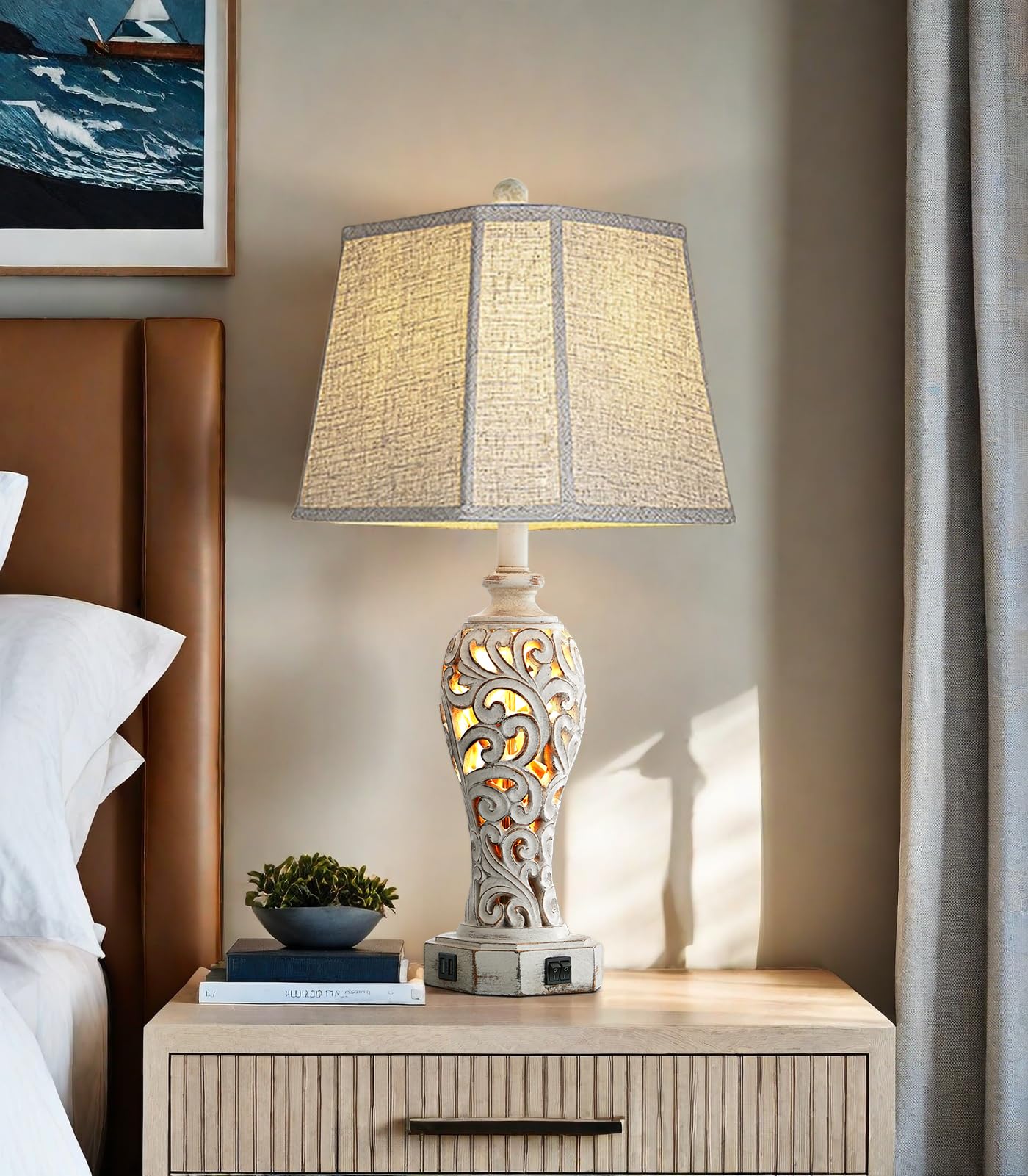 Photo 1 of 25'' Farmhouse Table Lamp for Living Room Bedroom, 2 USB Ports Vintage Rustic Nightstand Desk Lamp with Nightlight, White Hollow Out Resin Lamp for End Table (Bulb Included)