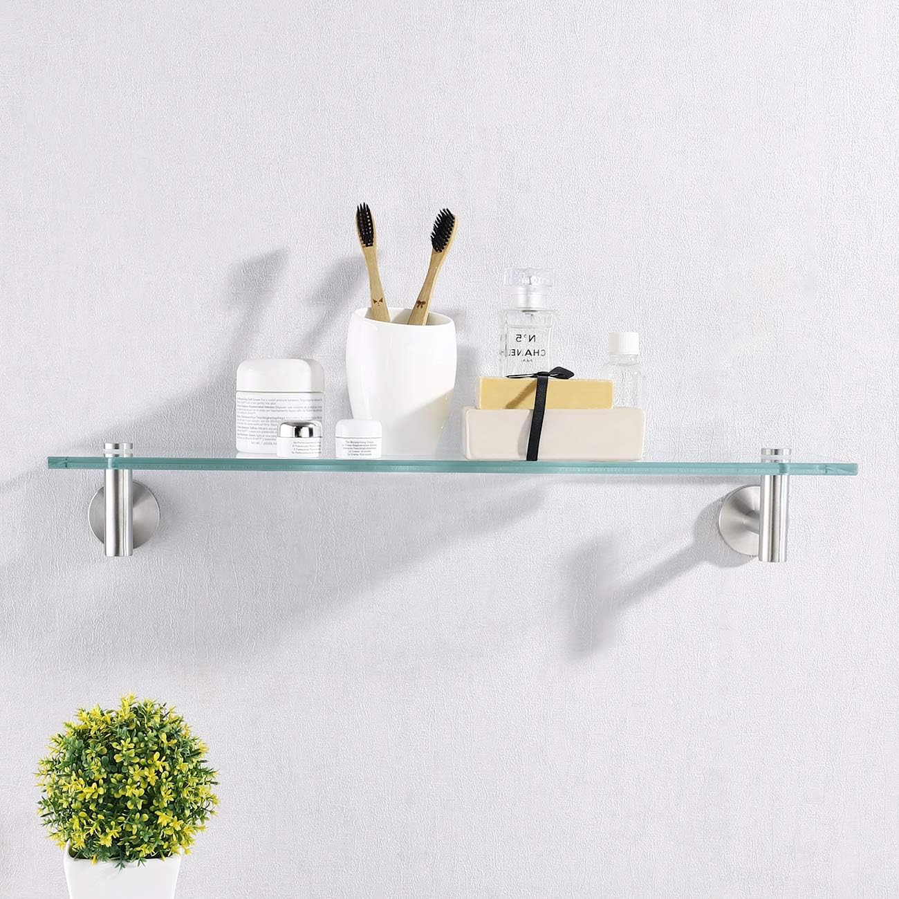 KES 20-Inch Glass Shelf Bathroom Storage Organizer Shelf with 8 MM-Thick Tempered Glass and Brushed Nickel Rustproof Metal Bracket Wall Mount Rectangular, A2021-2 - - 