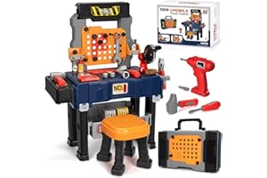 HODURGYI Kids Tool Bench with Electric Drill and Chair, Christmas Birthday Gift for Boys Girls Age 3,4,5+ Fun Play Kids Workbench, Transformable Toddler Tool Box Set, Construction Tool Toys for Toddler 3-5