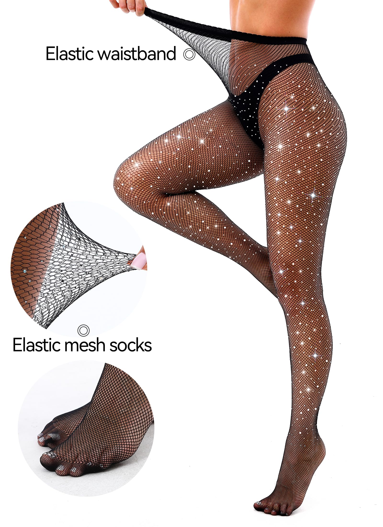 VEBZIN Sexy Sparkly Fishnets Stockings Jeweled High Waist Fishnet Tights for Women Rhinestone Party Pantyhose