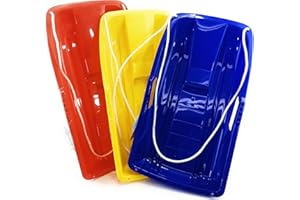 Matty's Toy Stop 26" Heavy Duty Plastic Snow Sled Toboggan with Tow Rope for Kids Red, Yellow & Blue Gift Set Bundle - 3 Pack