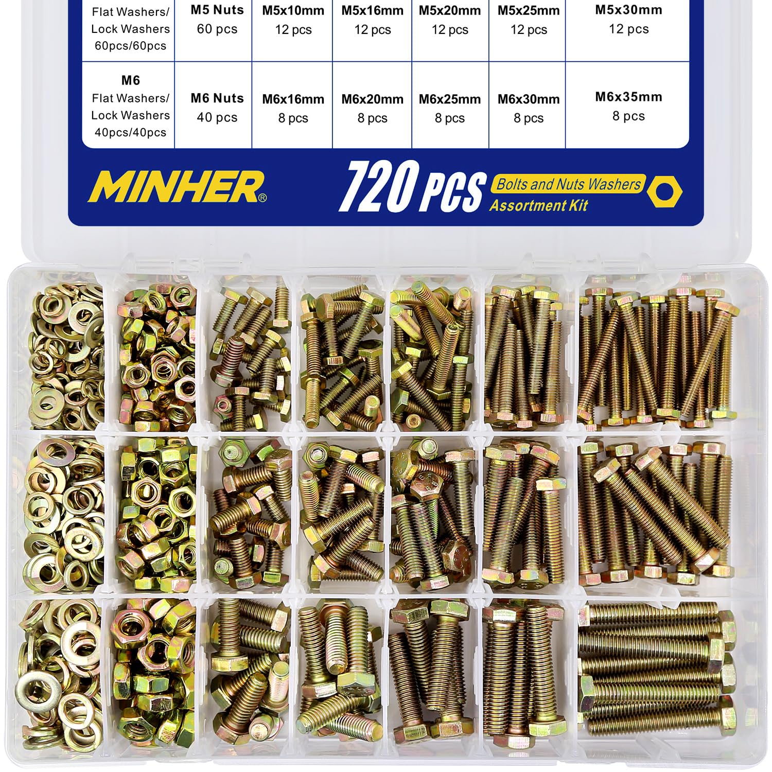 MINHER 720PCS M4 M5 M6 Bolts and Nuts Assortment Kit Grade 8.8 Alloy Steel Hex Screws Nuts & Washers, Includes 15 regular sizes