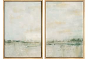 MUDECOR Framed Canvas Print Wall Art Set Watercolor Pastel Green Tan Landscape Abstract Shapes Illustrations Modern Art Decorative Contemporary for Living Room, Bedroom, Office - 24"x36"x2 Natural