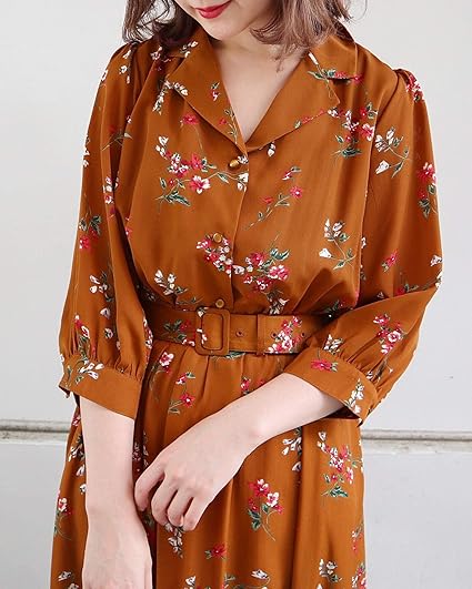 Amazon Co Jp イング Ingni 花柄 開襟ワンピース 1184 ブラウン M 服 ファッション小物