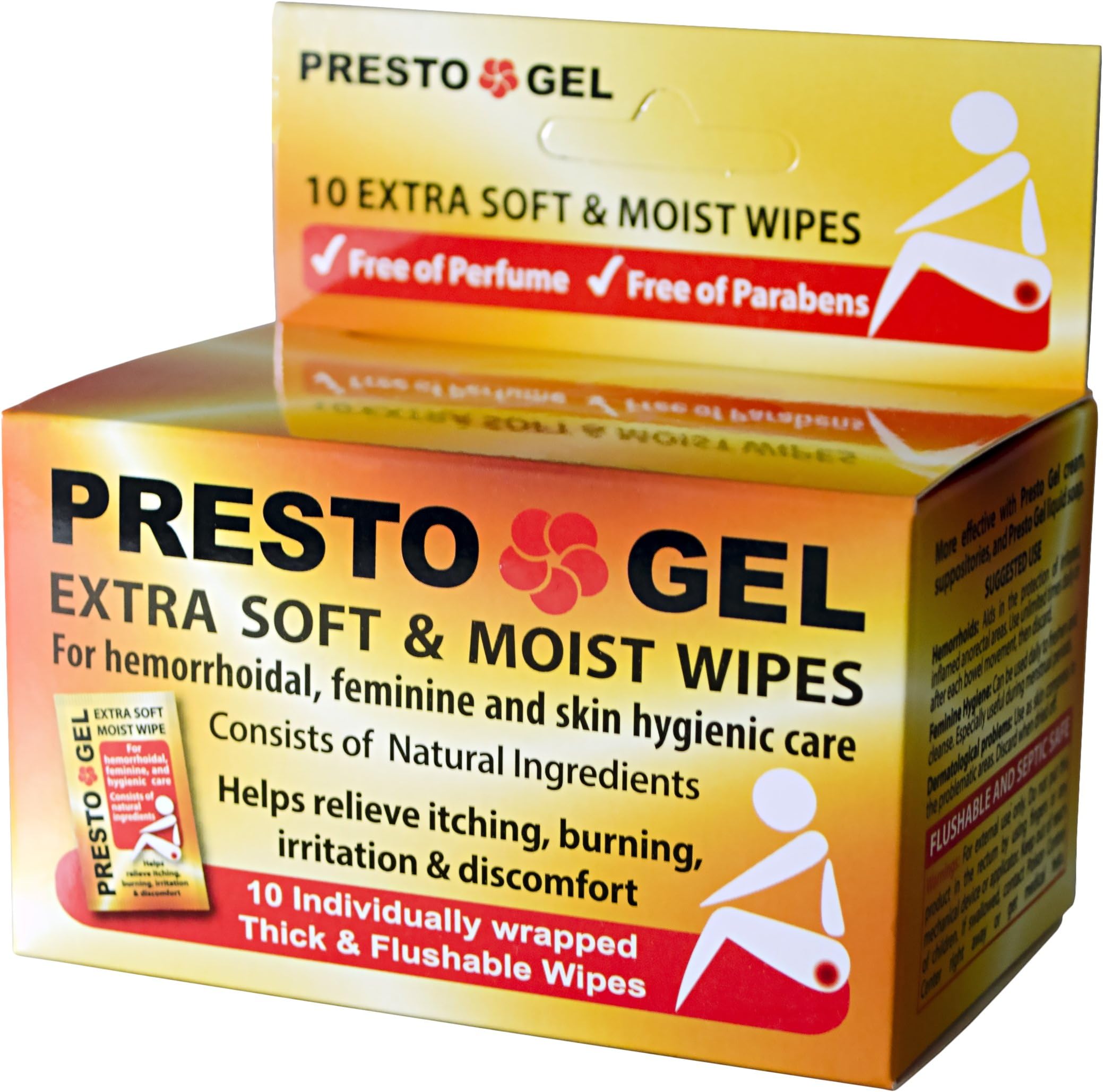 PRESTO GEL Extra Soft & Moist Wipes for hemorrhoidal, Feminine and Skin hygienic Care. 10 Individually Wrapped Thick & Flushable Wipes