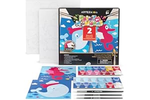 ARTEZA Kids Paint by Numbers Kit, 10 x 10 Inches, Pre-Printed Sea Life Canvas Painting Kit with 2 Canvases, 24 Acrylic Paint Pots, 3 Paintbrushes, Art Supplies for Developing Hand-Eye Coordination