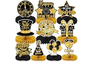 DTOFOOT 10 Pcs New Years Table Decorations 2026,Black and Gold Happy New Year 2026 Decorations for Table New Year Honeycomb Centerpieces for Party New Years Eve Party Supplies