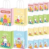 Silkfly 48 Pieces Easter Bunny Gift Bags Bulk Easter Party Favor Goodies Bags with Handle Egg Chicken Candy Decorations for Party Supplies Gifts