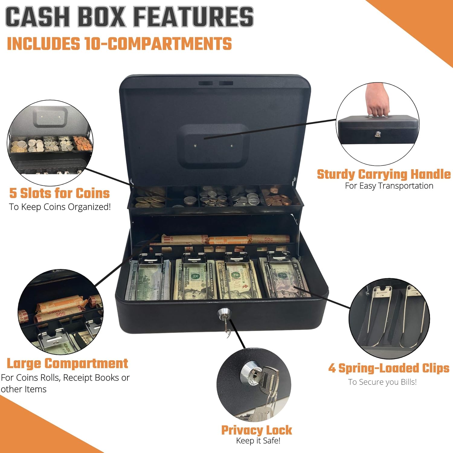 Secure Locking Cash Lock Box for Bills Cash Box with Money Tray and