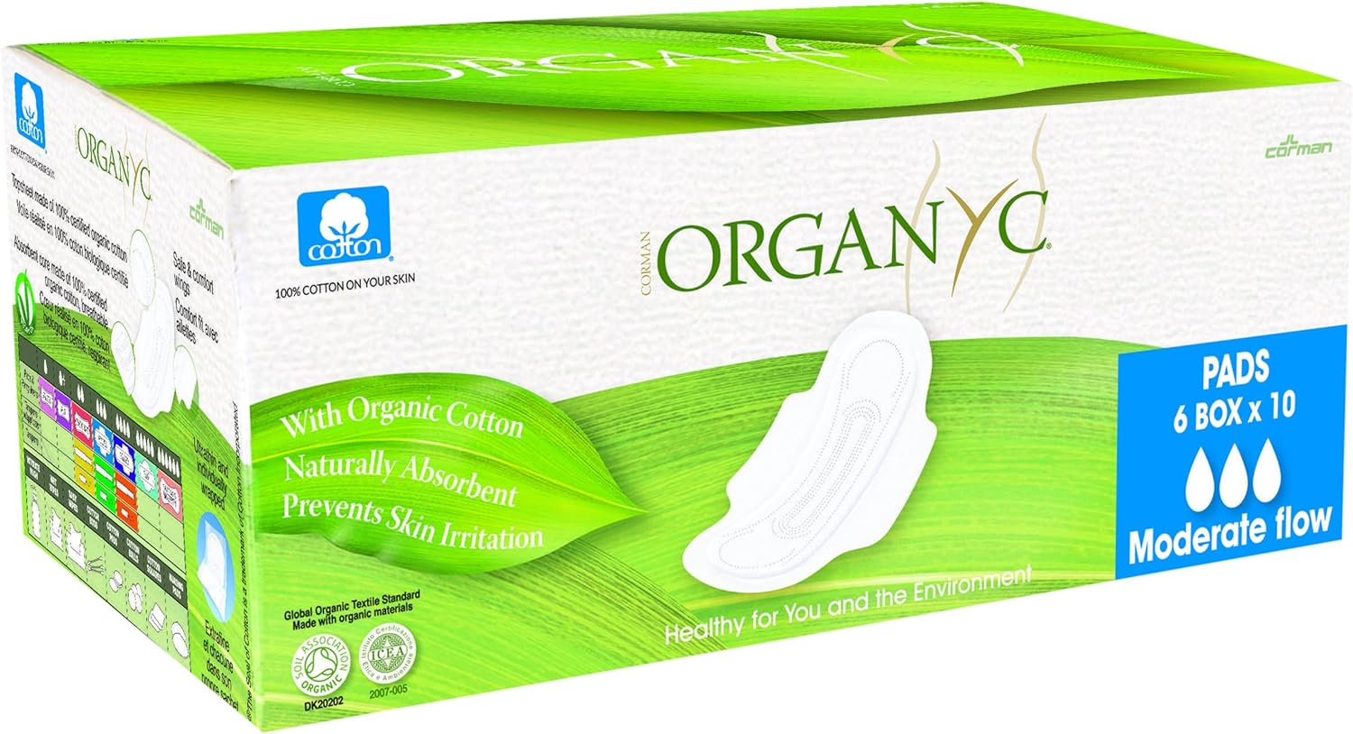 Organyc 100% Organic Cotton Pads with Wings for Sensitive Skin, Moderate, 60 Count