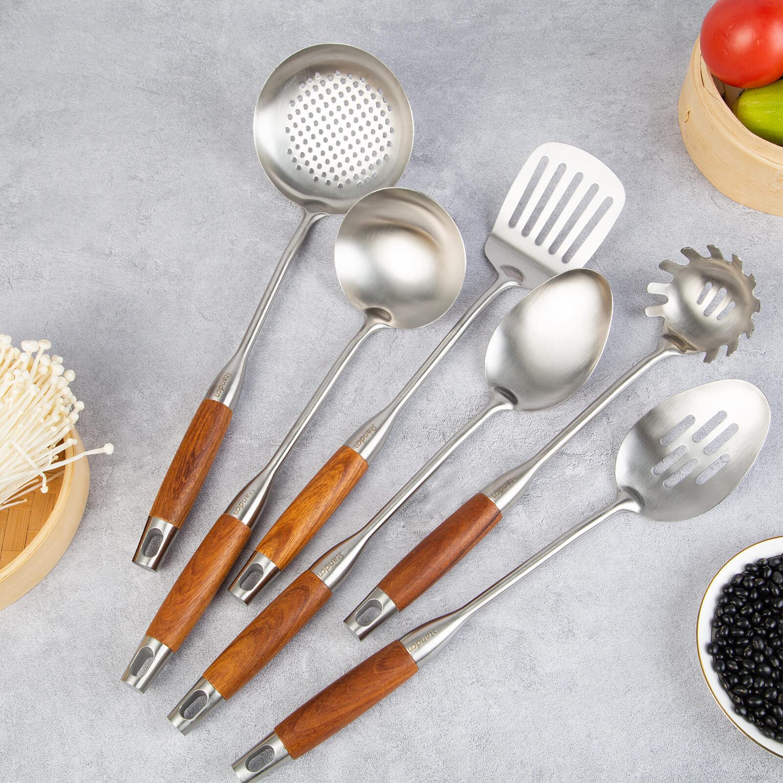18/10 Stainless Steel Kitchen Utensils Set with Wood Handle - 15” Long Metal Cooking Tools - Serving Solid/Slotted Spoon, Tunner, Skimmer, Soup Ladle, Spaghetti Spoon, Large Spoons Set of 6