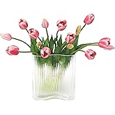 Prakilom Artificial Tulips Flowers (15pcs, Rose Red), Real Touch Latex Bouquet for Home, Wedding, Table Centerpiece and Party Events Decoration, DIY Fake Floral Arrangements (Vase not Included)