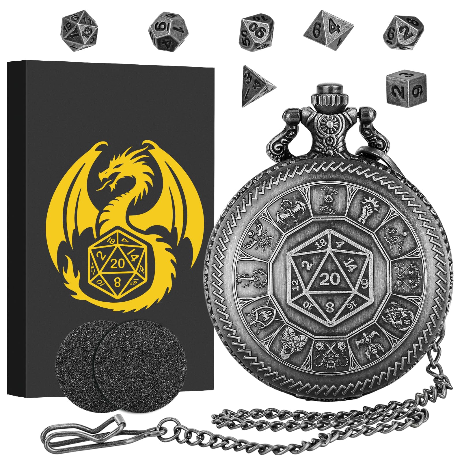 Mini DND Dice Set, Pocket Watch Case with Center Number Dice, 7 Pieces Polyhedral Metal D&D Dice Set, Gifts for DND, Role Playing Board Game Accessories, Dark Silver — image 1