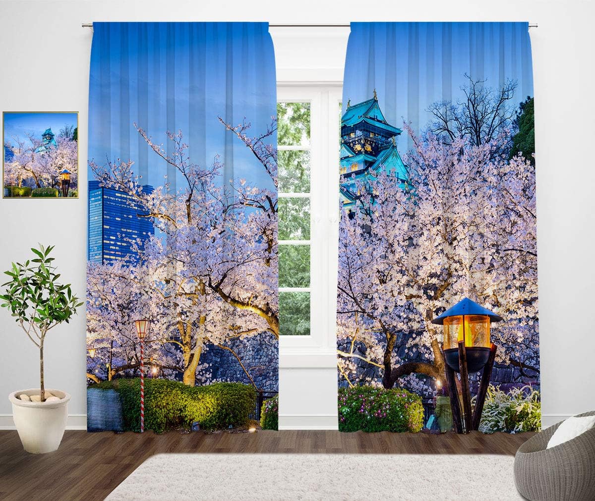 Cherry Blossom Decor Curtains, Osaka Castle in Japan During