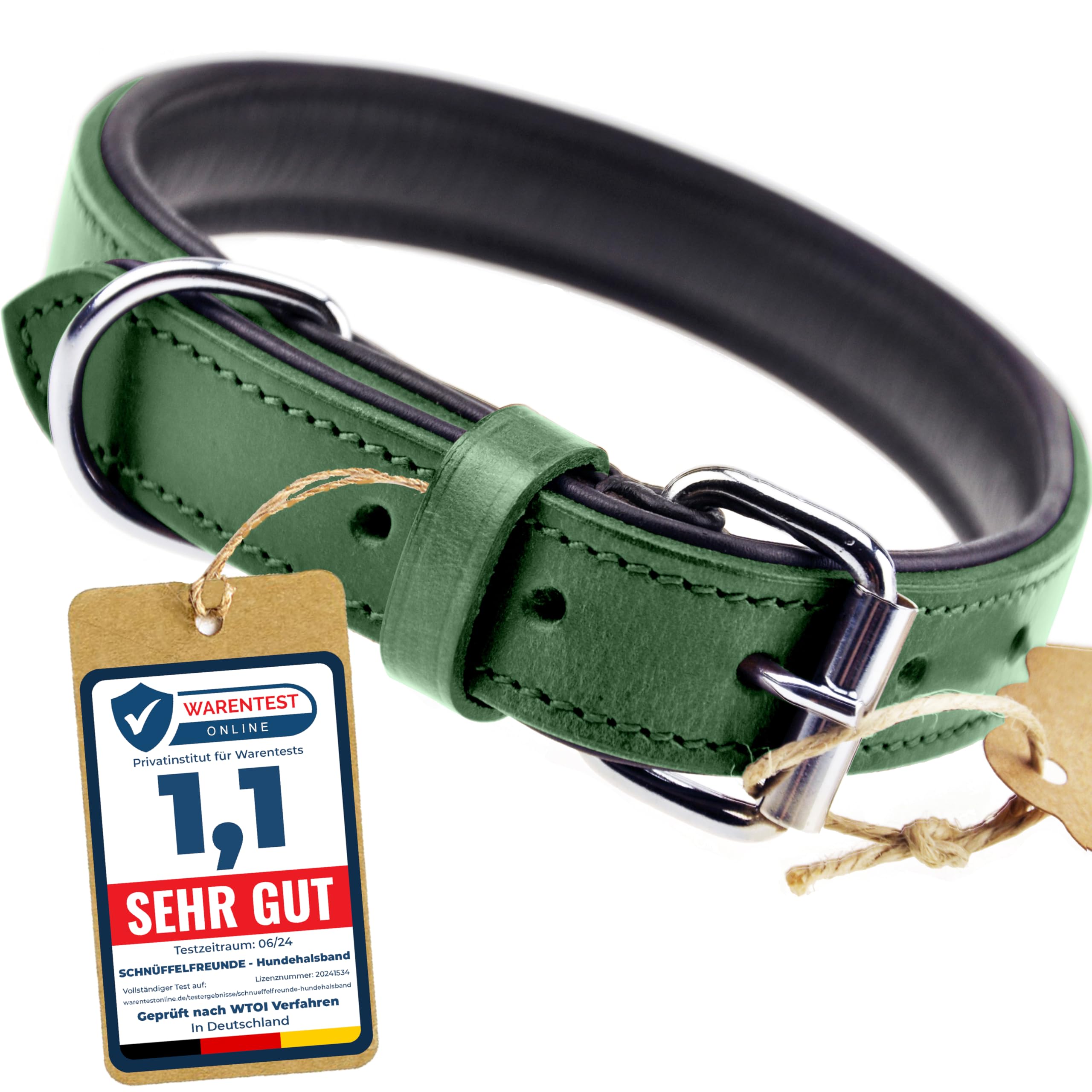Schnüffelfreunde Leather Dog Collar, Dog Collar for Large, Medium and Small Dogs, Padded Leather Collar, Heavy Duty (XL-46-55cm, Green)