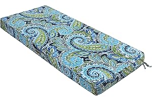 Magpie Fabrics Outdoor Bench Cushion 42 x 18 Inch, Waterproof Fade Resistant Patio Garden Loveseat Sofa Settee Couch Swing Pads with Carry Handle and Ties, Paisley Lapis Green
