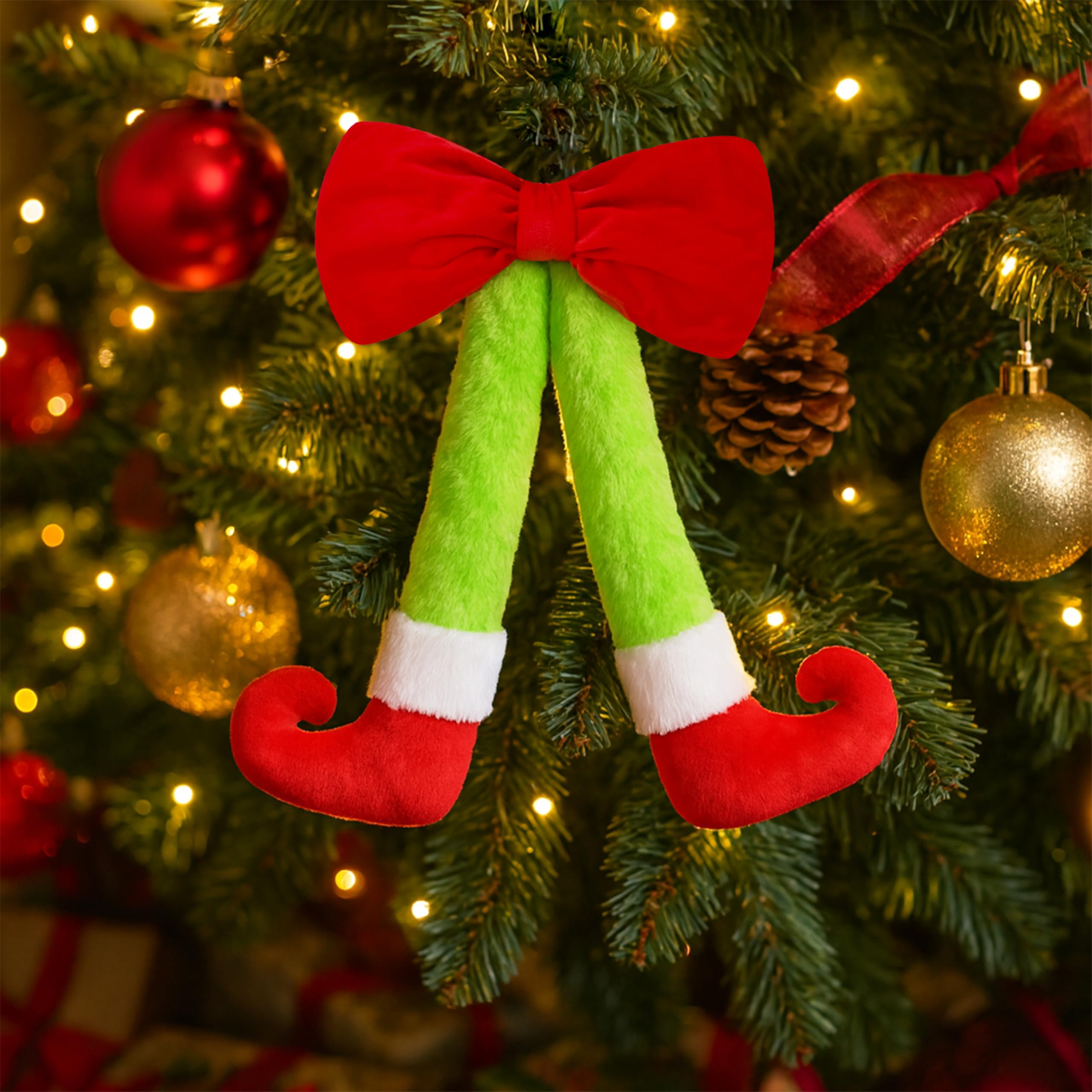 Photo 1 of 15.7 Inch Plush Elf Legs Ornament with Red Bow, Christmas Tree & Wreath Hanging Decor, Red/Green Holiday Decoration for Door & Wall, Soft Fabric, Ready to Hang (1, Red)