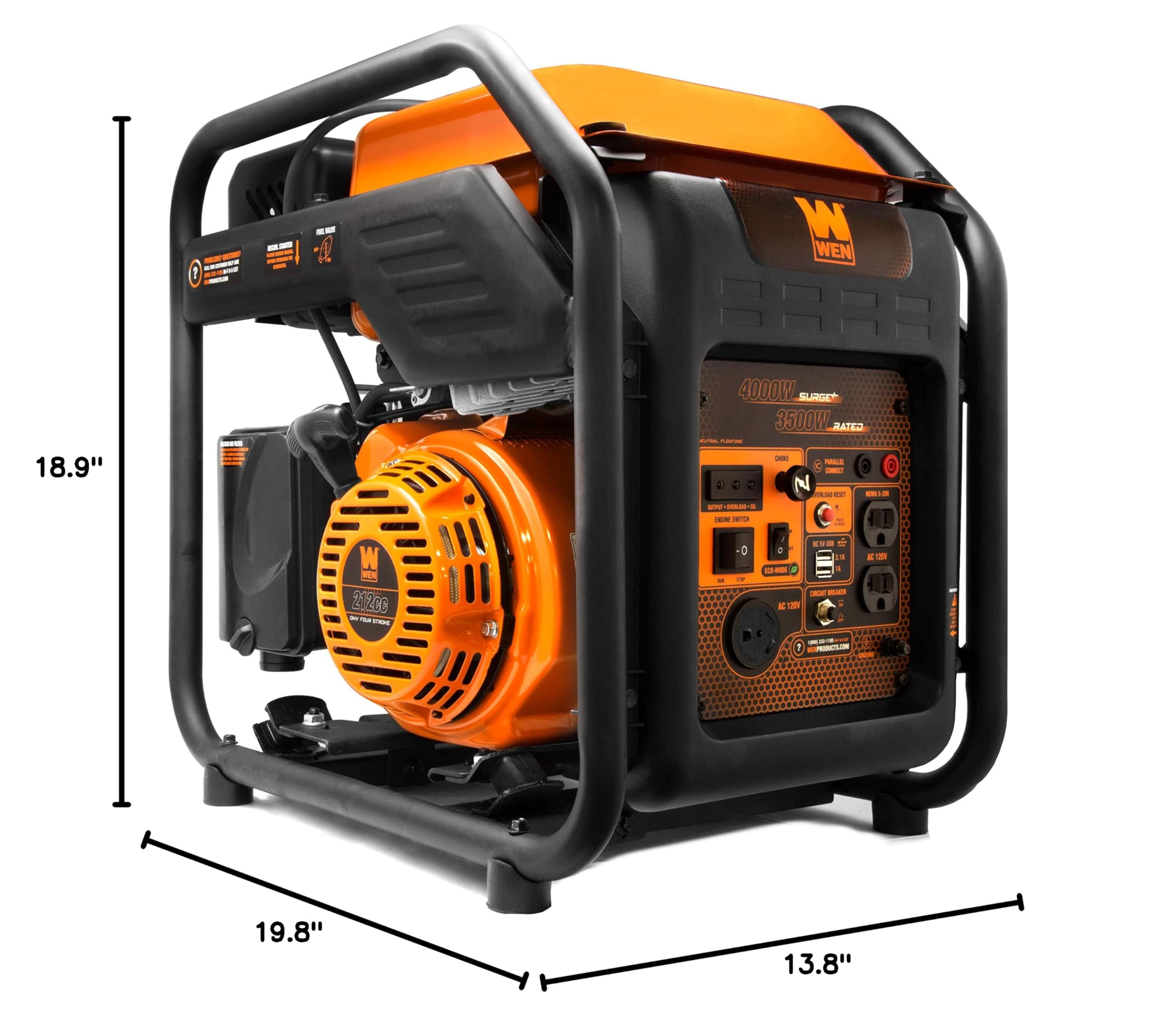 WEN GN400i RV-Ready 4000-Watt Open Frame Inverter Generator, CARB Compliant, Black/orange