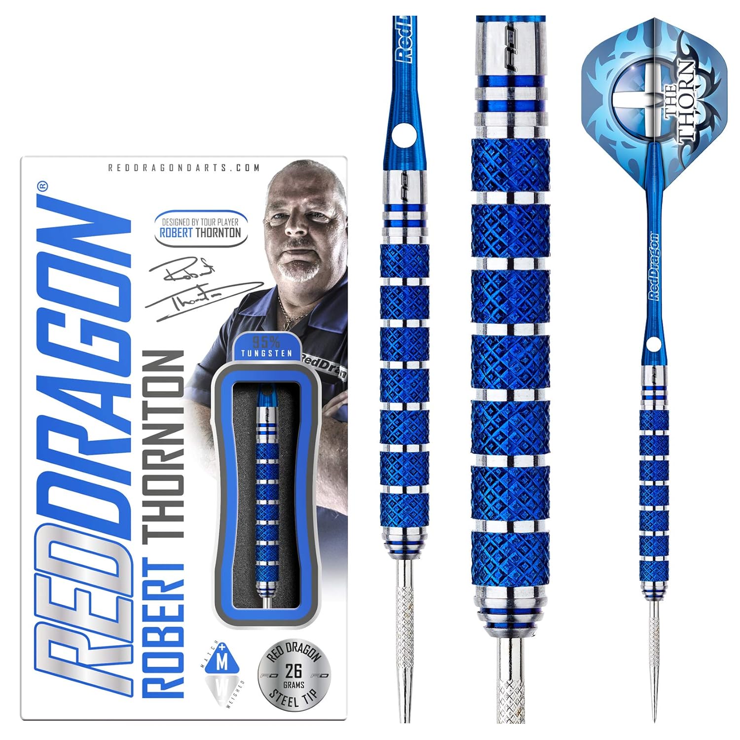 Red Dragon Robert Thornton Blue 26g Tungsten Darts mit Flights und