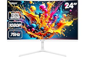 CRUA 24 Inch Curved Monitor, FHD 1920×1080P 75HZ 120% sRGB White Computer Monitors, Narrow Bezels on Three Sides, Blue Light 
