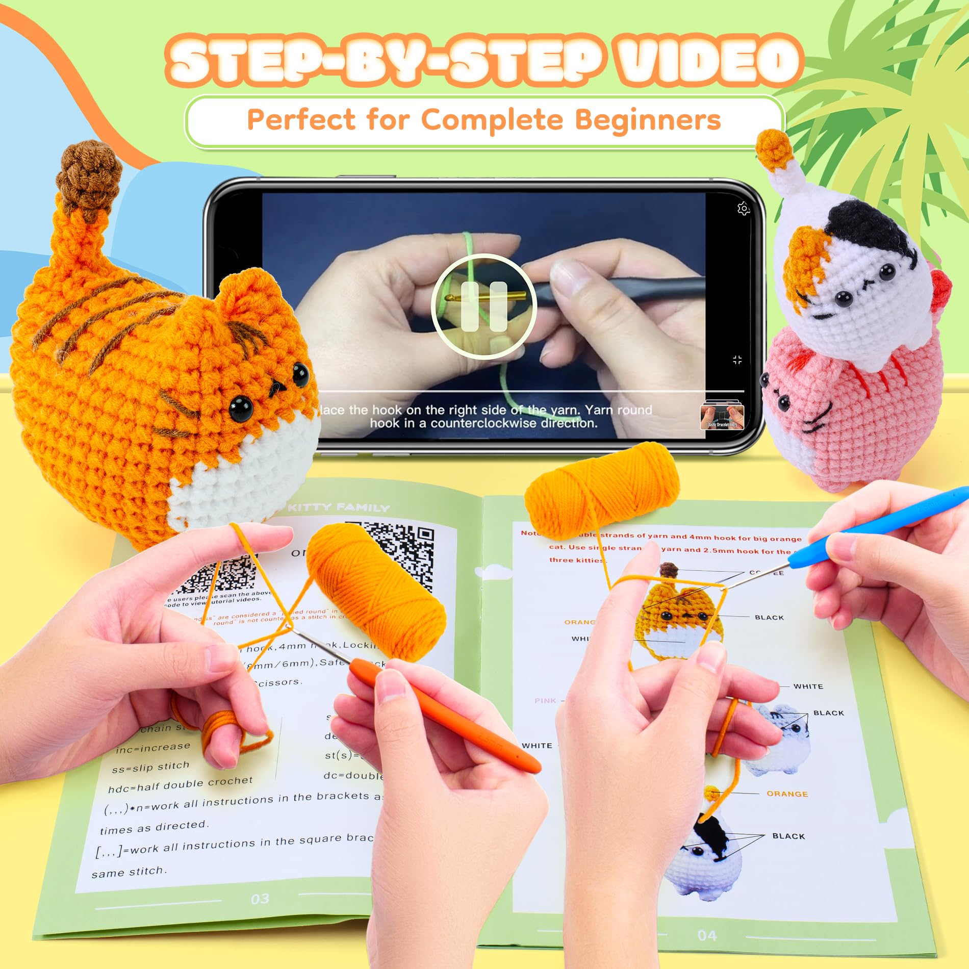 Crochet Kit for Beginners-4PCS Cat Crochet Kits for Adults, Crochet Starter Kit with Step-by-Step Video Tutorials, Crochet Animals Kits DIY Craft Knitting Kit Learn to Crochet Kits for Adults