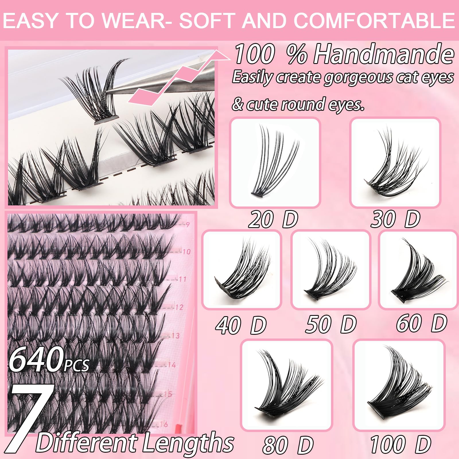 OLLAVO Lash Clusters Kit, 640 Pcs Eyelashes Clusters Extensions Kit 9-16mm Individual Lashes D Curl Fluffy Wispy False Eyelashes Thin Band, with Bond Seal Tweezers Brush DIY (30D+40D+50D+60D Kit 9-16mm)