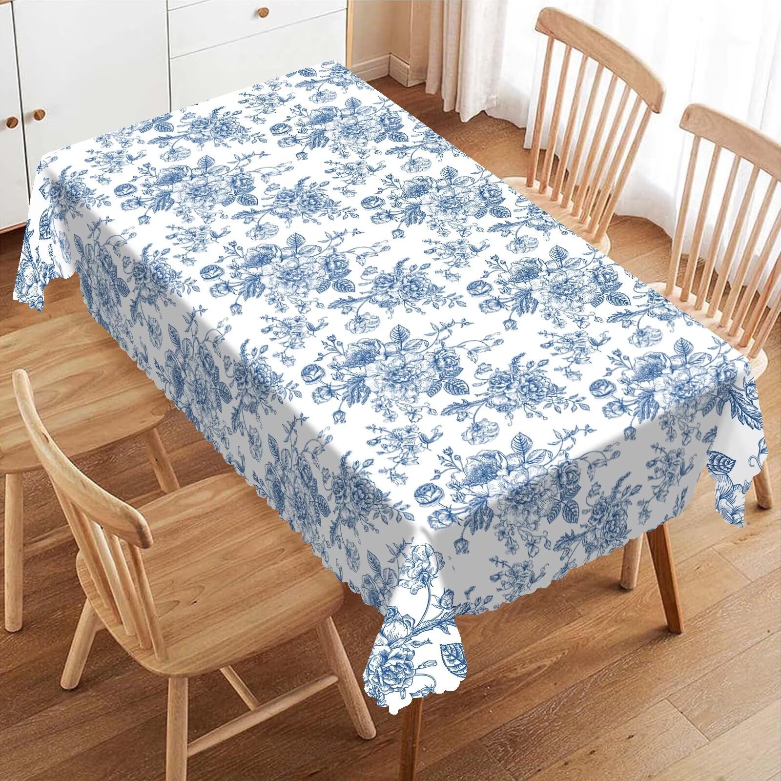 Photo 1 of VIGGINER Blue and White Floral Rectangle Tablecloth Vintage Chinoiserie Flowers Table Cloth for Kitchen Dining Tablecloths Table Cover Decor for Party Patio 54 x 72 Inch