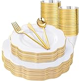 bUCLA 180PCS White and Gold Plastic Plates Disposable - White with Gold Rim Dinnerware Set Include 30 Guests Dinner & Dessert Plates, Cups, Cutlery Set for Wedding, Party & Thanksgiving Table Decor