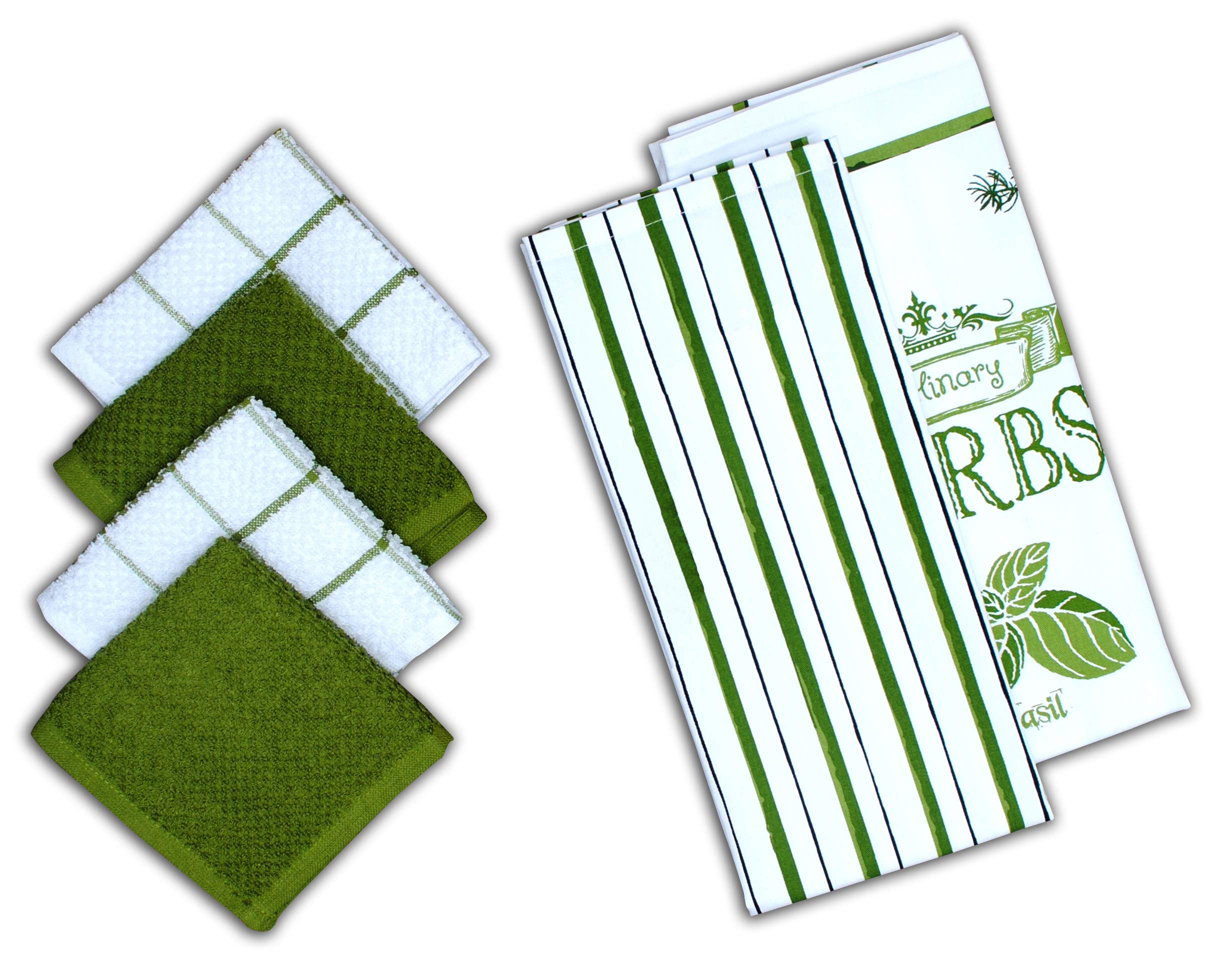 AMOUR INFINI Blooming Floral 6 Pack Kitchen Set | 2 Decorative Kitchen Towels (45 x 70 cm) and 4 Terry Dishcloths (30 x 30 cm) | 100% Cotton Machine Washable | Super-Soft and Ultra Absorbent | Green