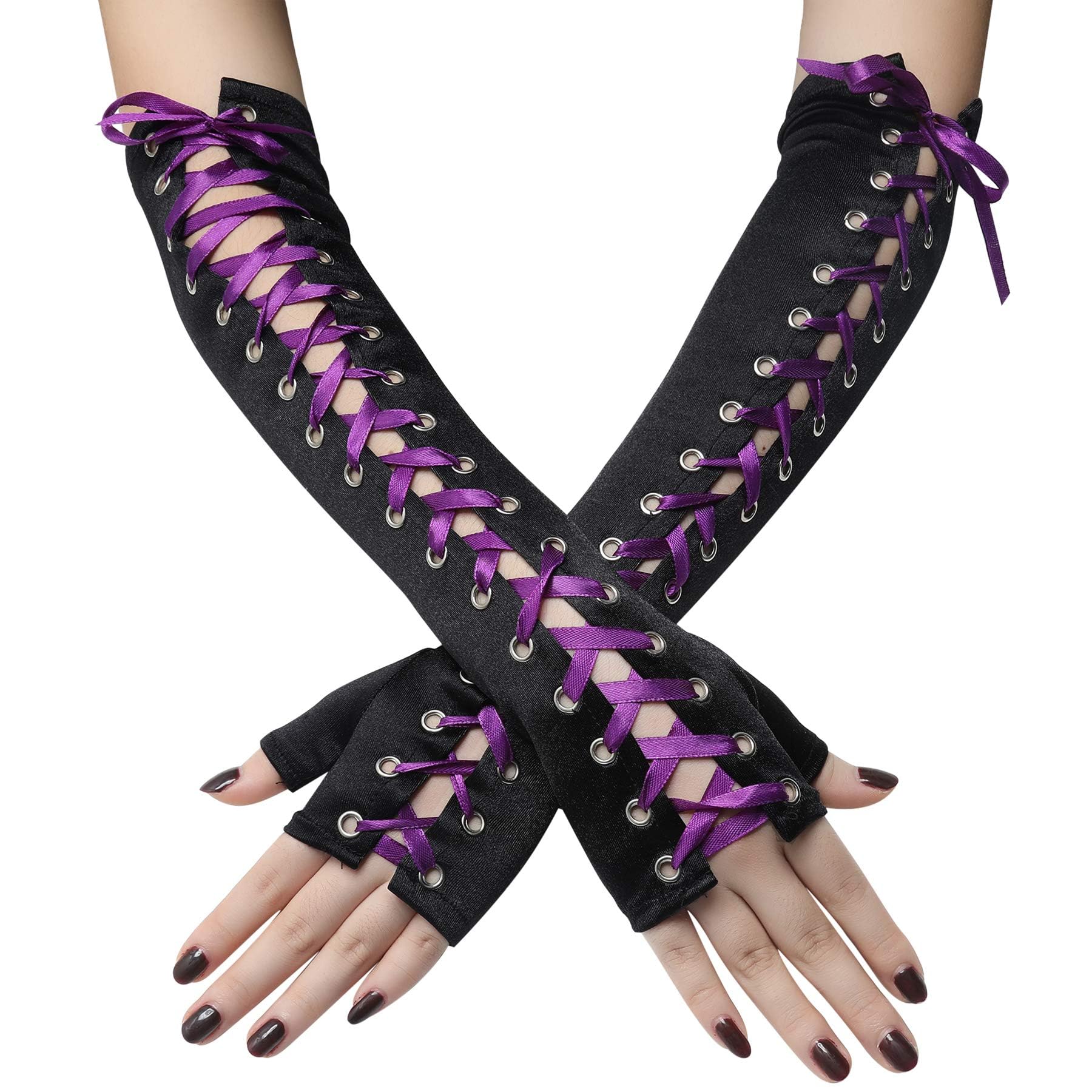 NiceYnn Lace Up Fingerless Long Gloves, 1920s Elbow Gloves Arm Warmer Lace Satin Ribbons Gothic Rock Punk Mittens Gloves for Steampunk Costume Tea Party Wedding Engageme Purple