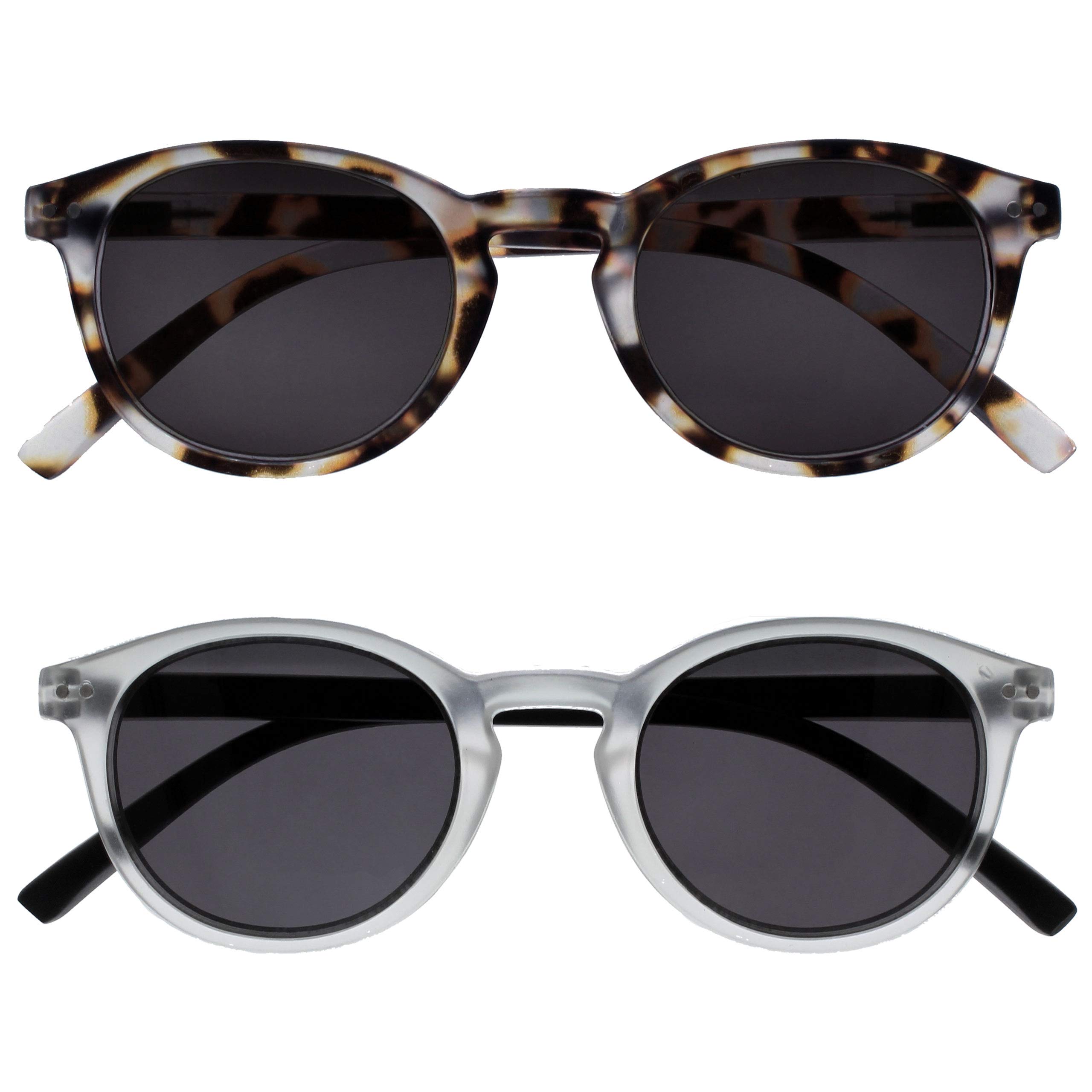 OPULIZE Zen Reading Sunglasses 2 Pack Small Lightweight Round Frame Spring Hinges Scratch Resistant Tinted Lens UV400 Protection Matt Light Brown Ice Crystal Mens Womens SS24-1TC +1.50