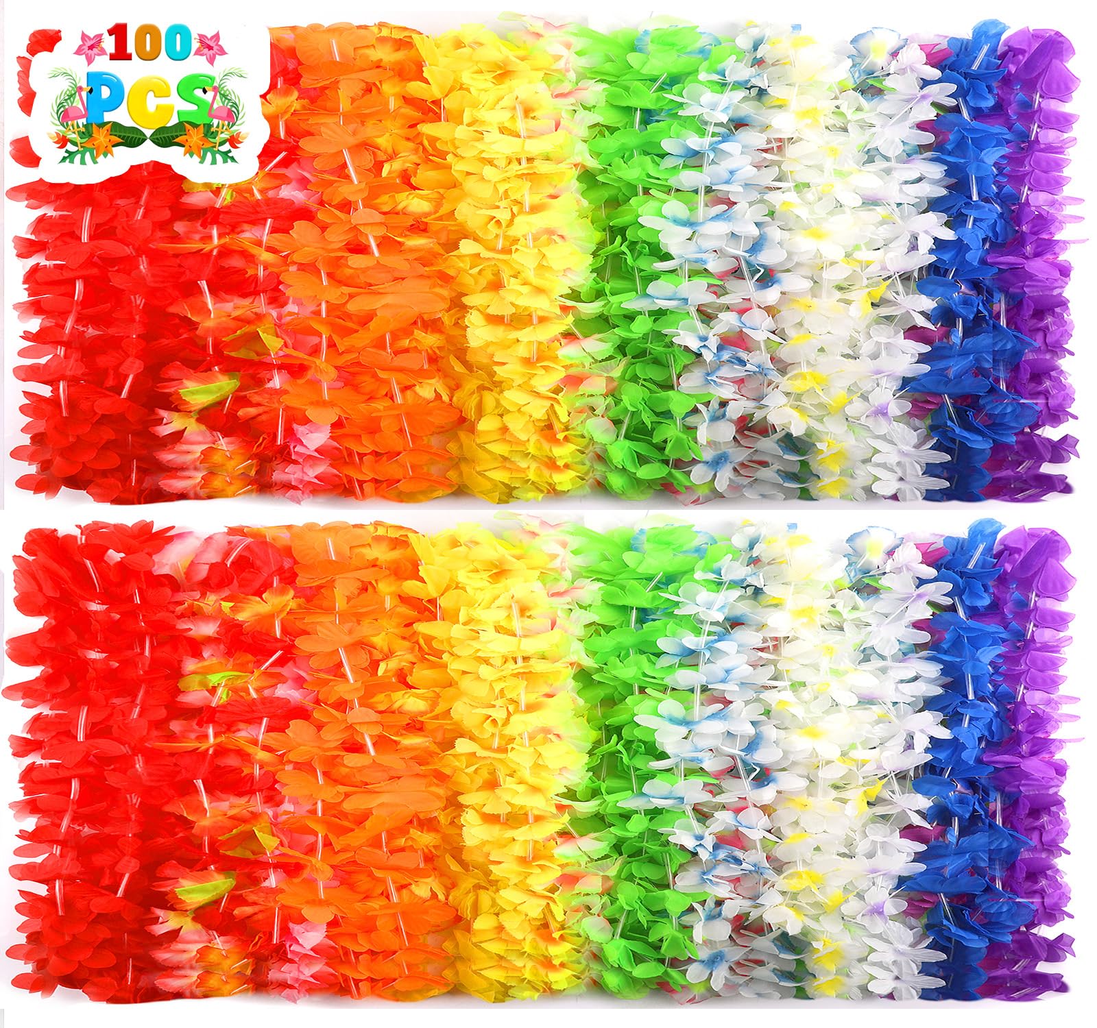 Photo 1 of 100 PCS Hawaiian Leis Bulk Colorful Tropical Flower Necklace for Luau Party Decorations, Summer Beach Party Favors, Hawaii Theme Birthday Decor, Pool Party Supplies, Hawaiian Garland, Silk Flower Lei