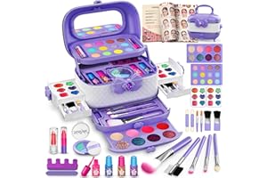 Hollyhi 58 Pcs Kids Makeup Kit for Girl, Princess Toys Real Washable Cosmetic Set with Mirror, Kids Makeup Sets for Girls, Play Make Up Birthday Gifts for 3 4 5 6 7 8 9 10 11 12 Years Old Kid(Purple)