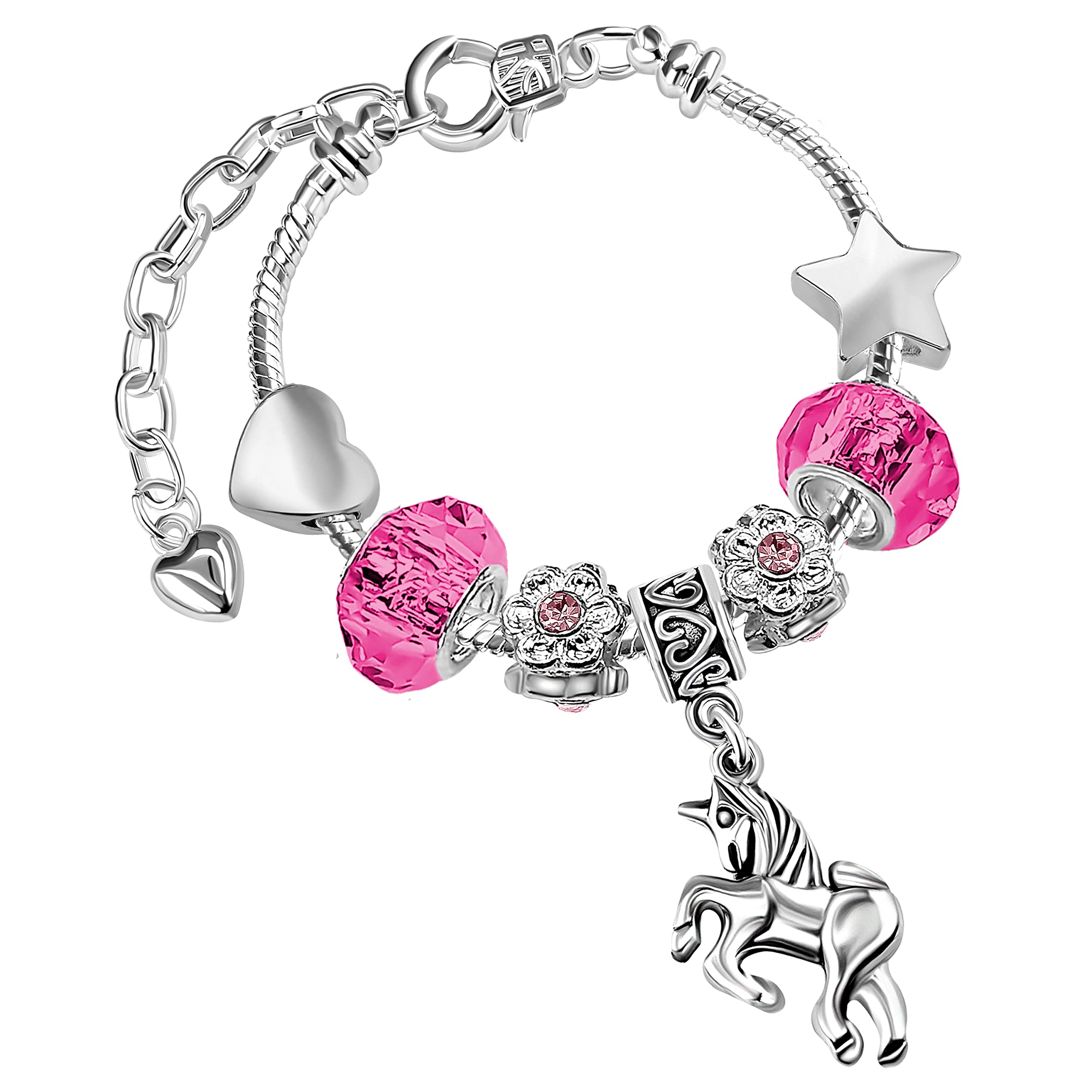 Girls Magical Unicorn Sparkly Fuchsia Crystal Adjustable Charm Bracelet with Gift Box Birthday Gifts for Girls