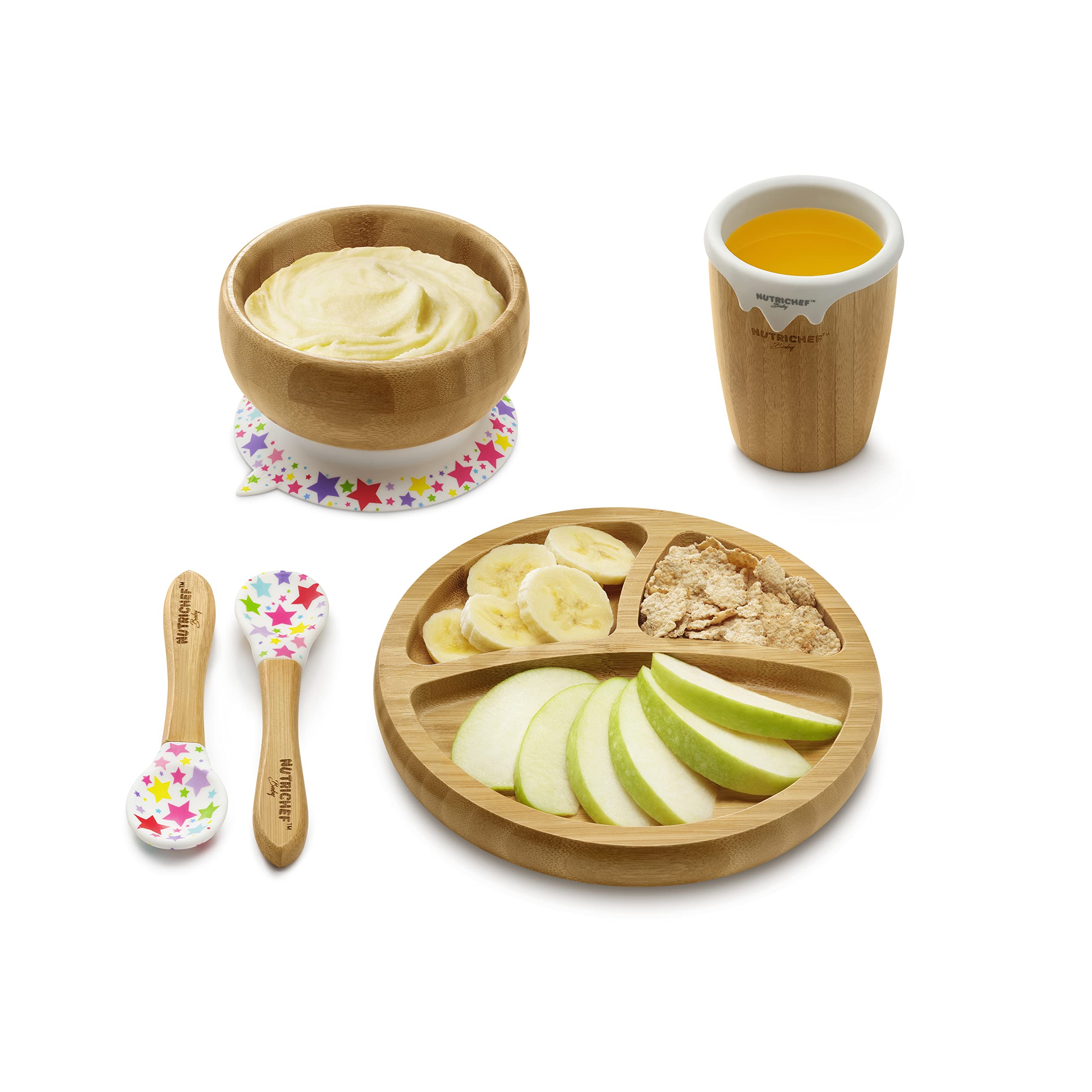NutriChef Round Bamboo Baby Plate, Star Set with Cup