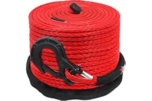 XPV AUTO XPV 3/8" x 100ft Synthetic Winch Rope 23,809lbs Dyneema Winch Line Cable Rope with Hook and Sleeve Protection Red