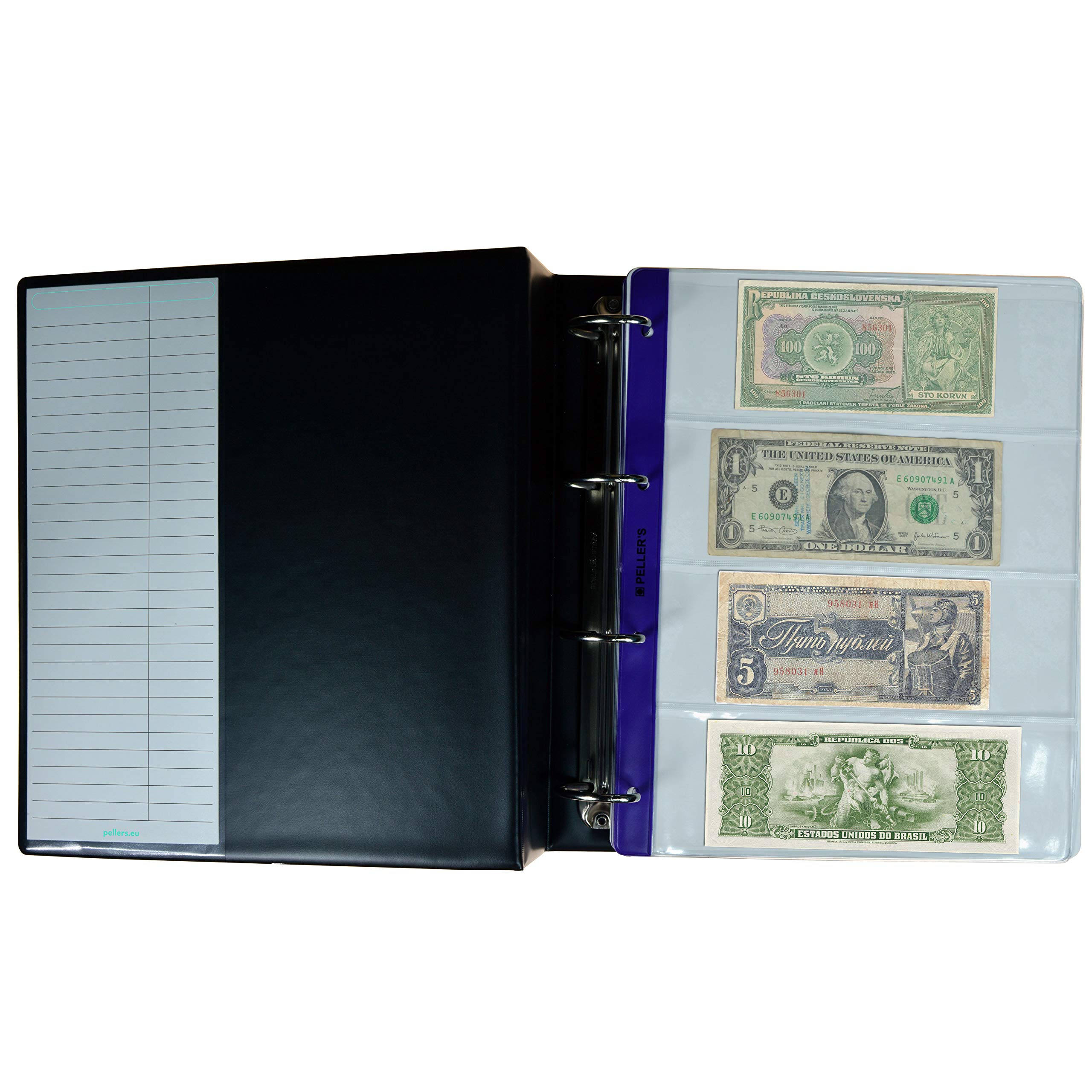 Collection Album XL, 35 Mix Banknotes & Cheques: 15 pockets 8.62" X 3.94" (219mm X 100mm), 20 pockets 8.62" X 2.95" (219mm X 75mm), 10 Sheets & dividers