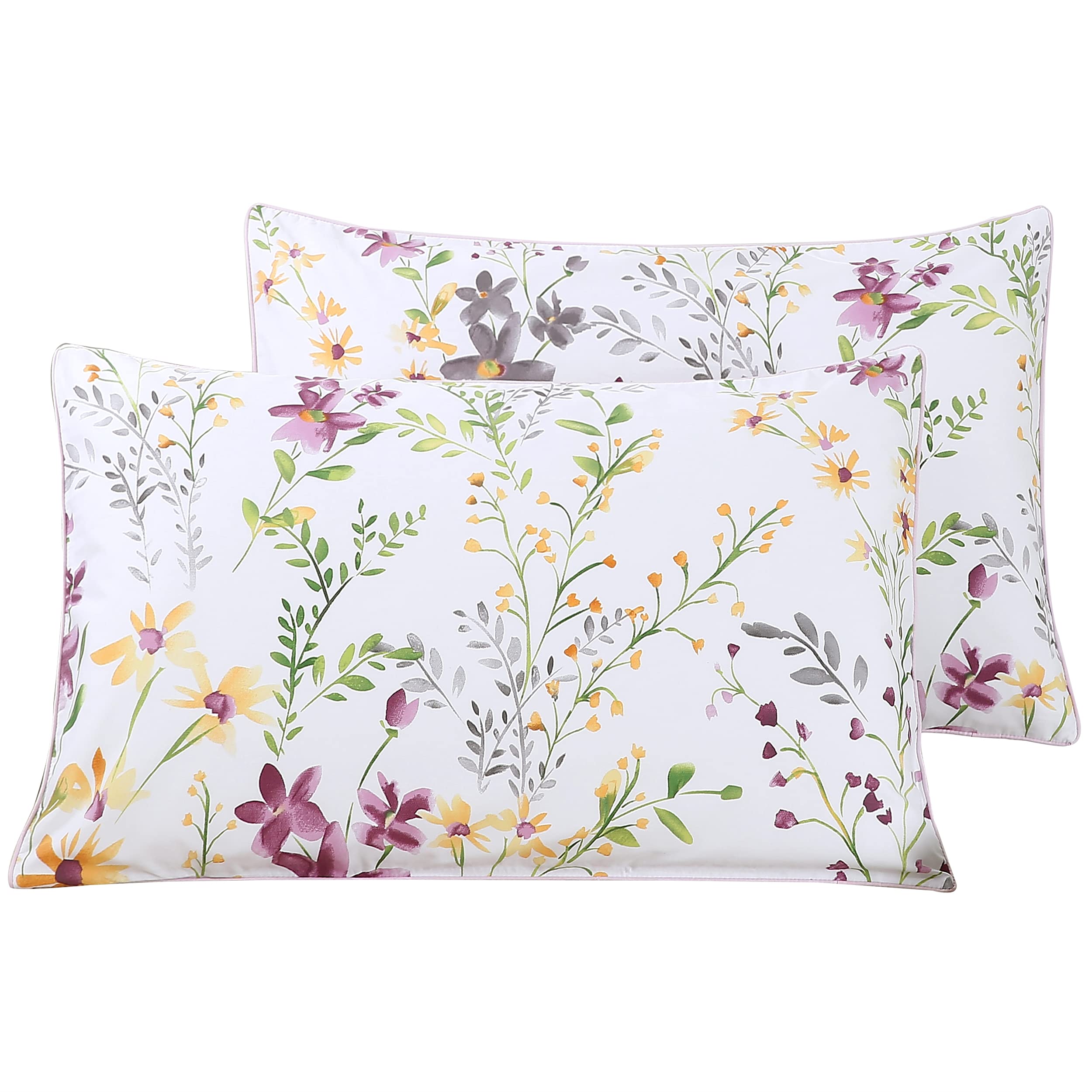 STYHO 100% Egyptian Cotton Floral Printed Fade Resistant Pillow Cases 2 Pack Standard Size Pillow Cover Protectors for Hair and Skin with Envelope Closure(Purple-White,50 x 75cm)