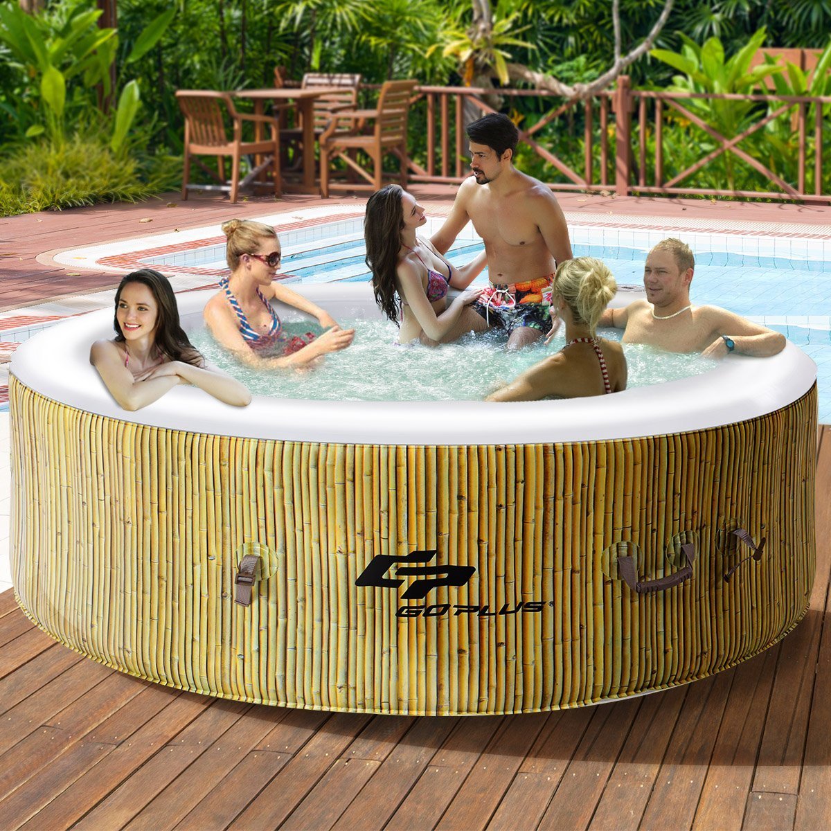 Costway 6 Person Inflatable Hot Tub For Portable Outdoor Jets Bubble Massage Spa Relaxing W Accessories Beige