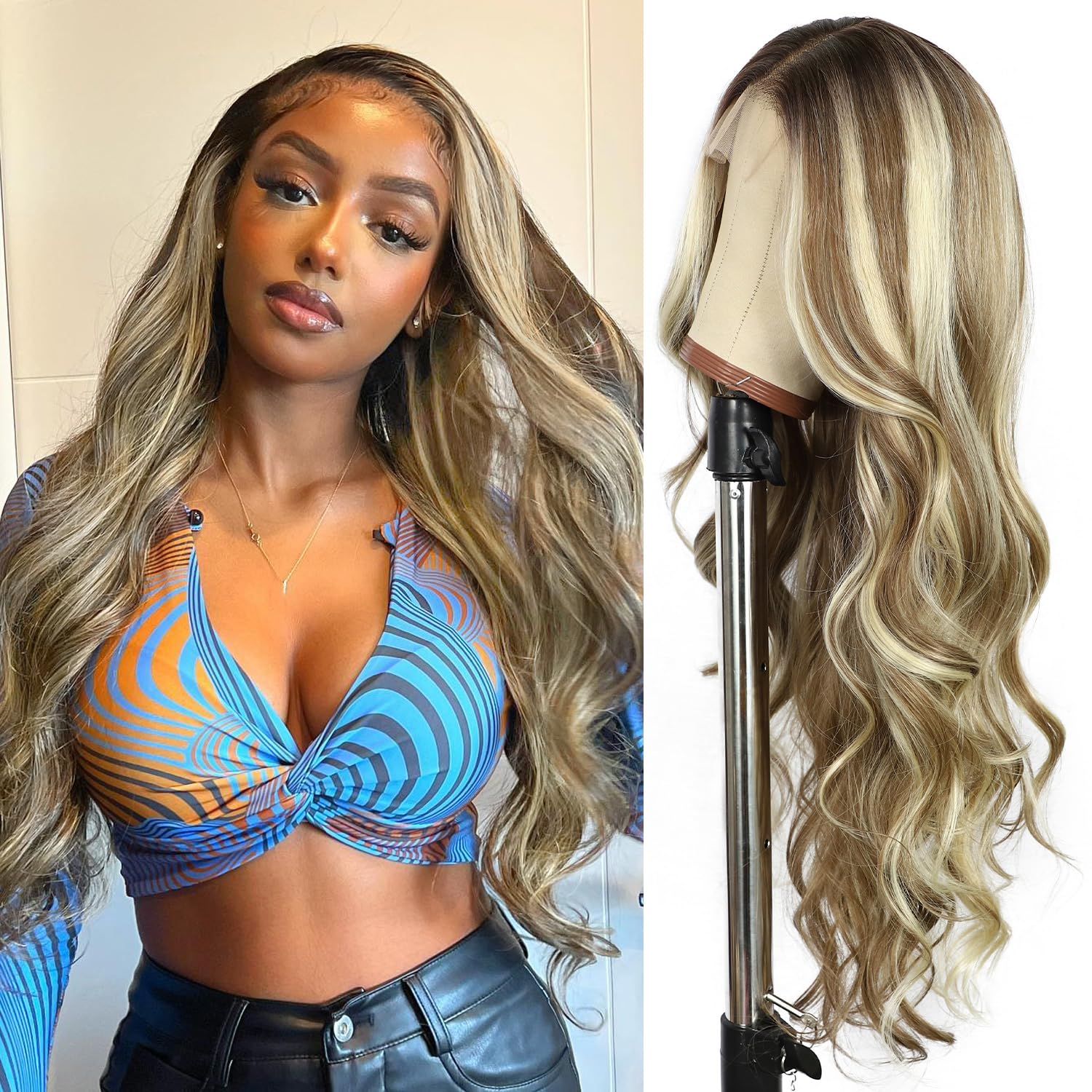 SOMIARIK Blonde Wig for Women Ombre Blonde Wavy Wig 13x4 Synthetic Lace Front Wig Pre plucked with Baby Hair Heat Resistant Hair Daily Party Natural Looking 26 Inch