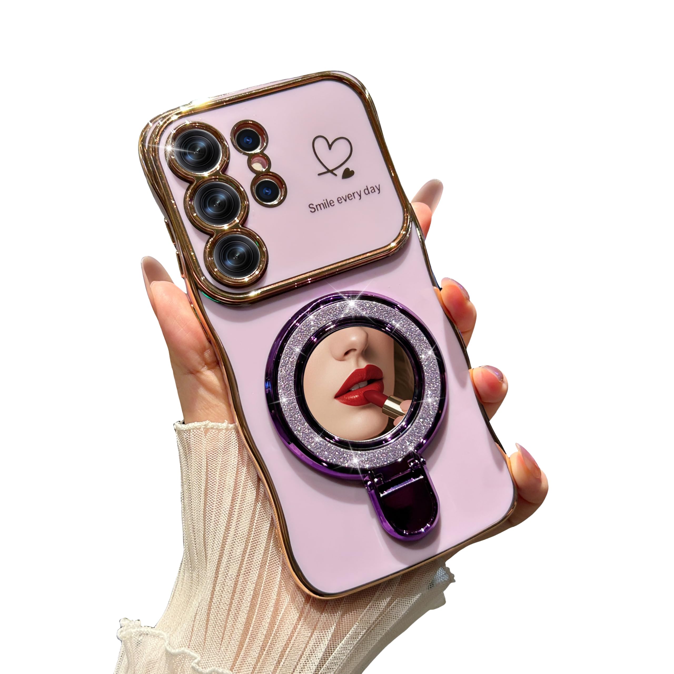 SQMCase Designed for Samsung Galaxy S26 Ultra Case with Makeup Mirror Kickstand Plating Wave Love Heart Fashion Flexible Slim Full Protective Phone Cases Cover for Girls Women (Purple)
